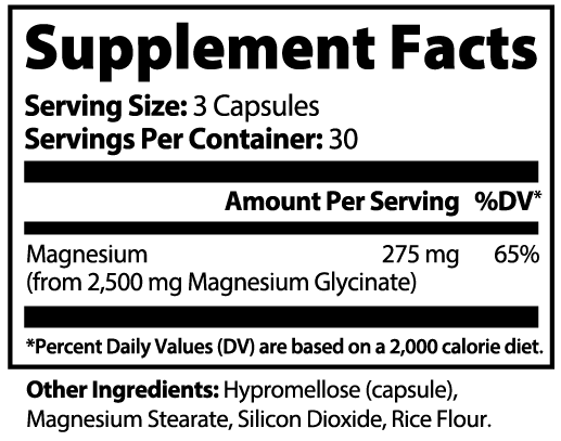 SleepHack Supplement Facts: Serving size 3 capsules; Servings per bottle 30; Magnesium 275 mg · 65% DV; From magnesium glycinate 2,500 mg